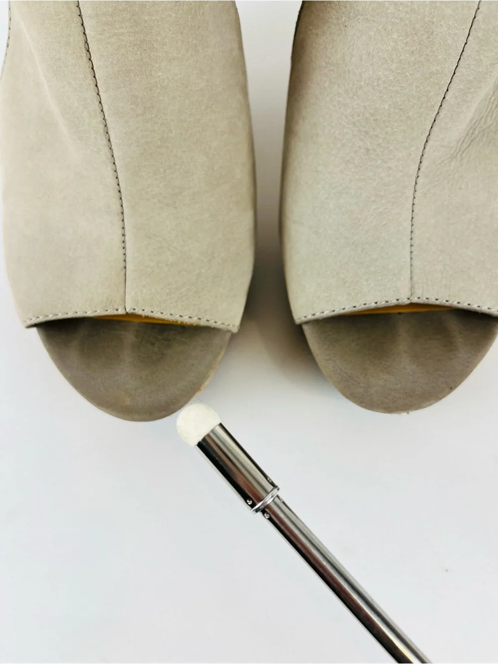 Franco Sarto Gabriel Peep Toe Suede Leather Wedge Sandal Taupe Gray Tan Size 8.5